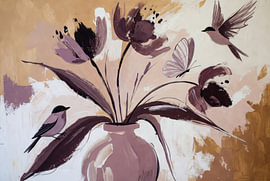 Vögel und Blumen in Mauve und Ocker von Imperial Art House