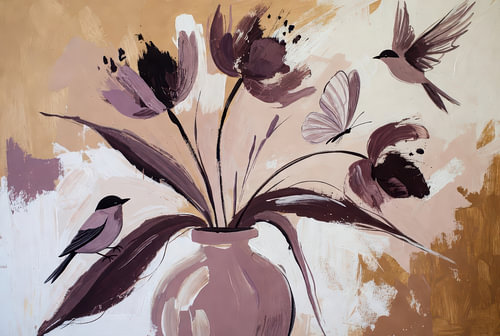 Birds and flowers in mauve and ochre