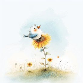 Vogel auf einer Sonnenblume | Kinderzimmer von Karina Brouwer
