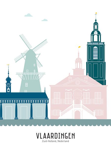 Skyline illustration city of Vlaardingen in colour by Mevrouw Emmer