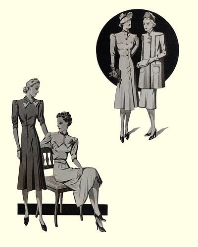 Reproductie van nostalgische afbeelding van dames uit het oude modeblad 'La Charmante Parisienne'.