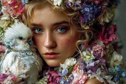 surrealistisch portret vrouw met parkiet
