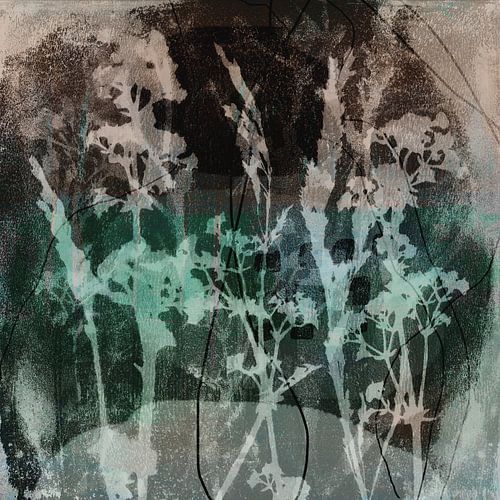 Moderne abstracte botanische kunst. Bloemen en planten in bruin, grijs en groen