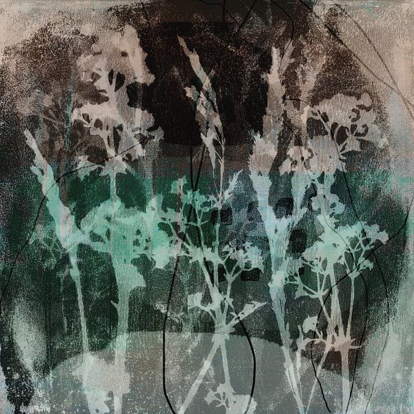 Modern abstract botanical art. Flowers and plants in brown, grey and green by Dina Dankers