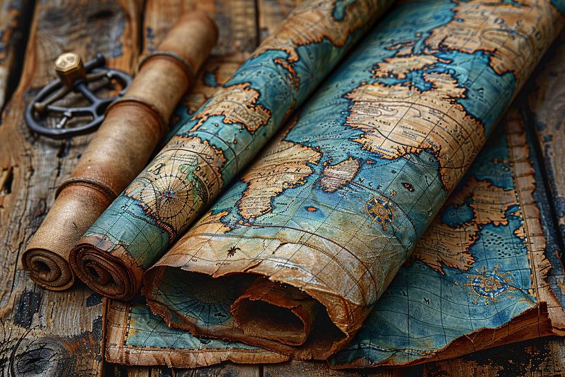 Rolled up World Map on Wooden Table. by Art & Soul Creations