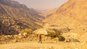 Gids wandelt in canyon van Dana Nature Reserve (Jordanië) van Jessica Lokker