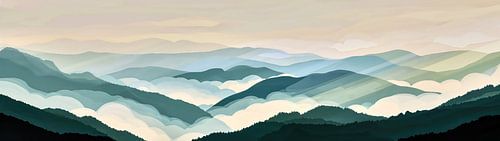 Digital mountain landscape with fog in the valley