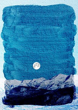 Mond über Berglandschaft in blauen Farben von Mad Dog Art