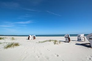 5 weiß-braune Strandkörbe am Strand in Prerow