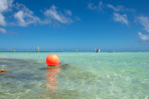 Farbfoto des blauen Karibischen Meeres in Bonaire mit einer leuchtend orangen Boje im Wasser.