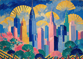New York Skyline im Art Deco Stil Farbenfroh von Niklas Maximilian