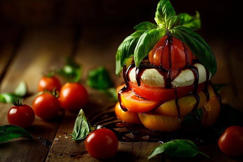 Colourful tomato and mozzarella tower art by Poster Art Shop