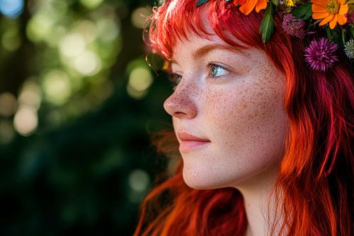 Bloemenkrans en rood haar