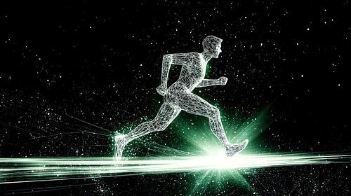 Wireframe atleet loopt in digitale ruimte
