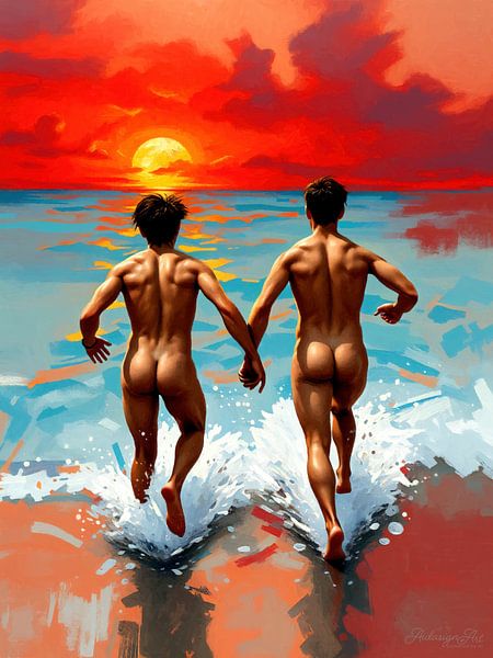 Gays Hand in Hand dem Horizont entgegen – Zwei Männer im Glanz der untergehenden Sonne, vereint im Meer aus Licht, Freiheit und Zärtlichkeit von AidasignArt