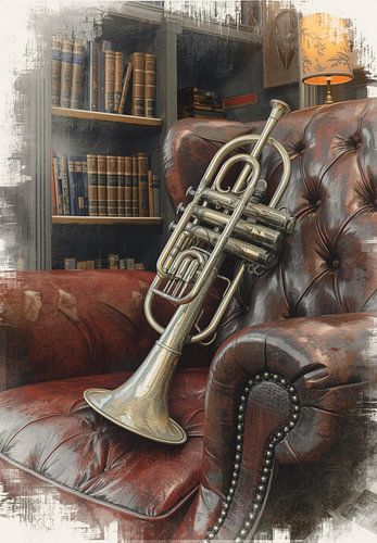Vintage-Trompete auf einem klassischen Jazz-Sessel