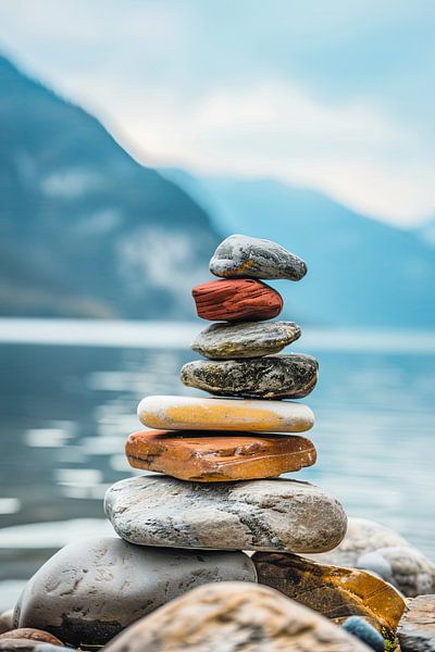 Zen Balance - Tours de pierre méditatives au bord de l'eau par Poster Art Shop