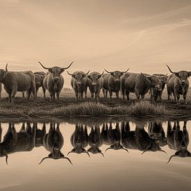 Scottish Highlanders by the Water, Sepia Oil Painting by By Marjolein Design