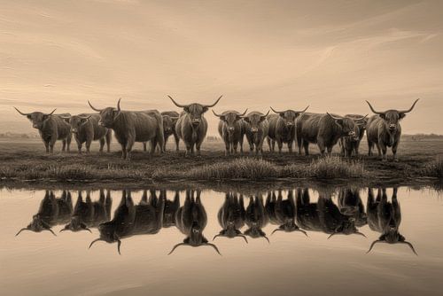 Schotse Hooglanders aan het Water, Sepia Olieverf van By Marjolein Design