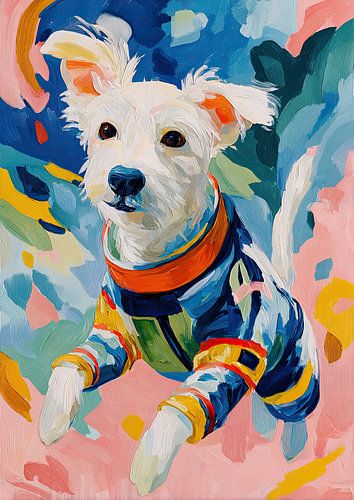 Witte hond in blauw racepak