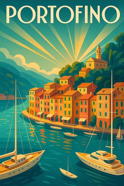 Portofino Hafen - Vintage Italienische Riviera Poster von Travel Shop