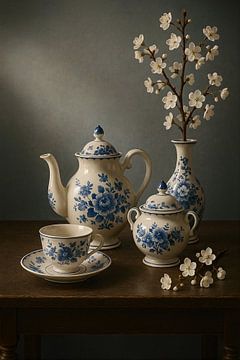 Delft Blue Harmony - painting with crockery and blossom branches by Kleurenrijk