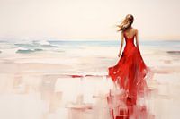 Frau am Strand in rotem Kleid