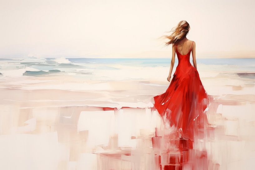 Vrouw op strand in rode jurk van PIX on the wall