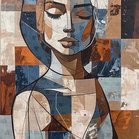 Portrait expressif d'une femme - orange, brun rougeâtre, beige et taupe - couleurs terreuses - tranquillité sur Emiel de Lange