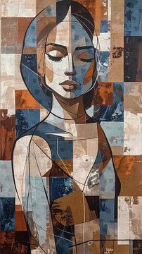 Portrait expressif d'une femme - orange, brun rougeâtre, beige et taupe - couleurs terreuses - tranquillité