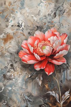 Drukke maar prachtige achtergrond met een rode bloem op de voorgrond van Digitale Schilderijen