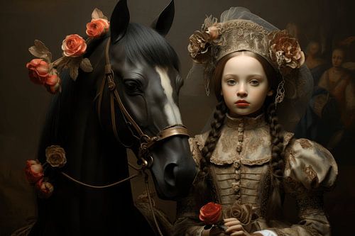 Stilleven met porseleinen pop en haar paard