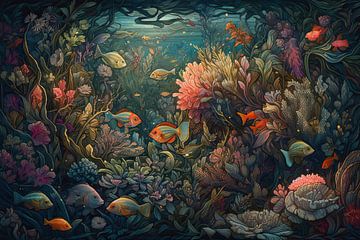 Fischkoralle | Fischaquarium | Malerei mit Fischen von ARTEO Gemälde