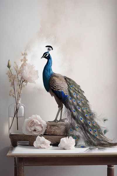 Paauw als Stillleben mit Blumen und einer Vase von Digitale Schilderijen