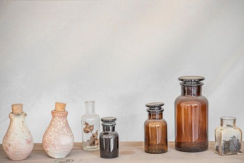 Herbs and apothecary jars on a shelf in still life atmosphere
