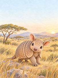 Un tatou dans la savane – acacias et collines