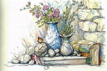 Tekening, stilleven -7 van Peter Pen tekeningen en schilderijen
