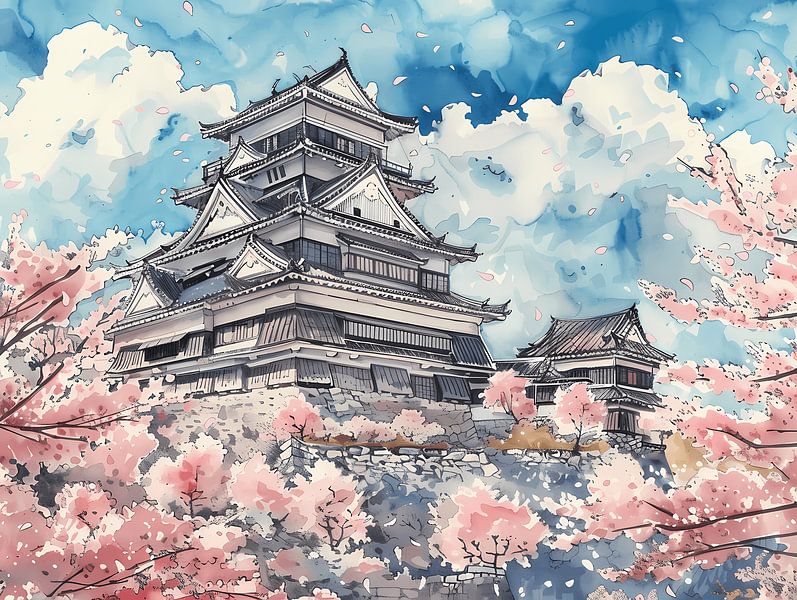 Castle And Sakura by Littlewhitecat