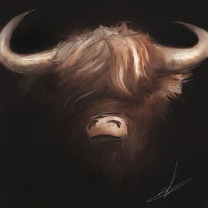 Schottischer Highlander Kopf auf schwarzem Hintergrund - Digital Artwork