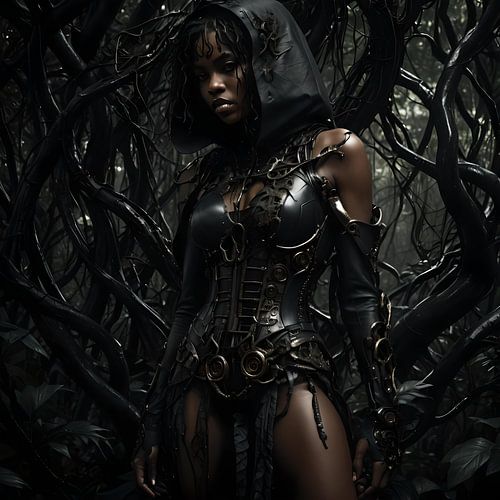 young woman in a dark jungle, steampunk