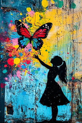 Kleurrijke vlinder en silhouet meisje