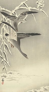 Ohara Koson - Two white-fronted geese in a snowy landscape (edited) by Peter Balan