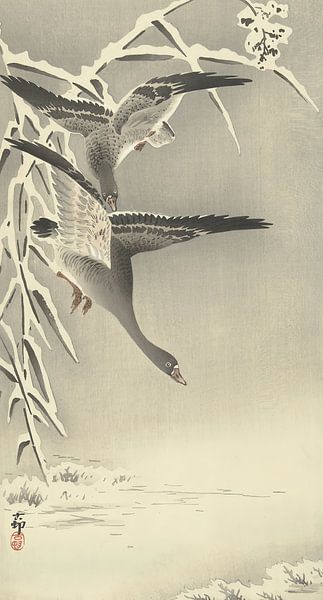 Ohara Koson - Zwei Weißstirngänse in verschneiter Landschaft (bearbeitet) von Peter Balan