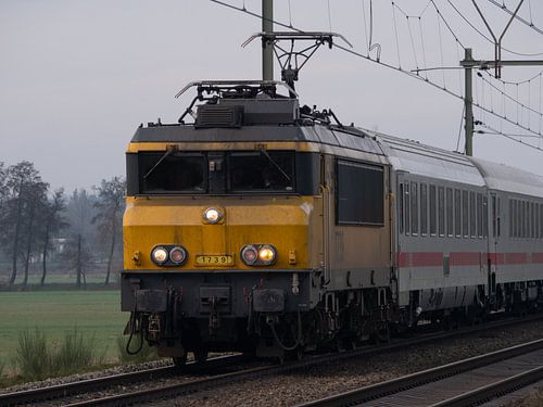 Trein NS 1739 met Duitse wagons in Nederlands landschap