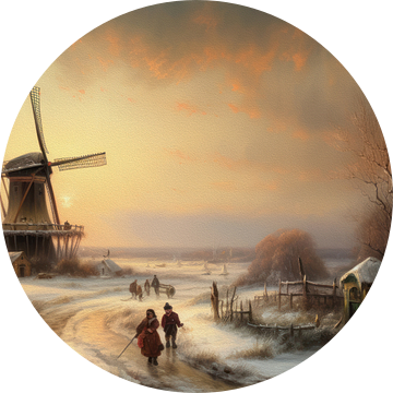 Hollands winterlandschap schilderij met molen van Preet Lambon