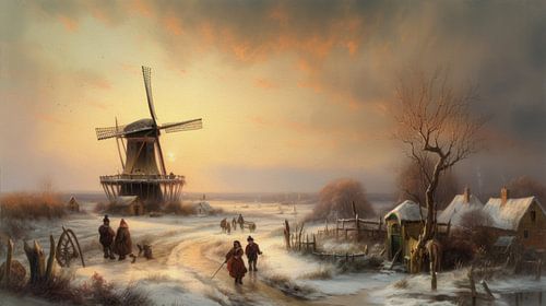 Hollands winterlandschap schilderij met molen