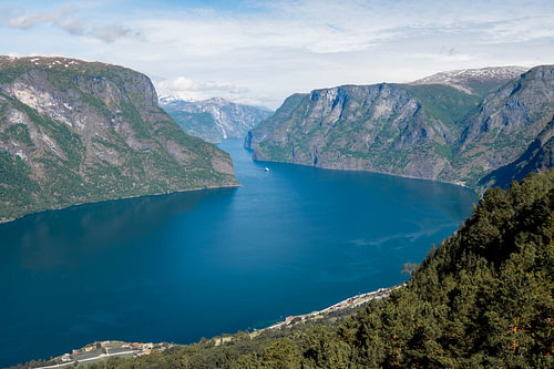 Aurlandsfjord view from above with forested slopes, Norway
