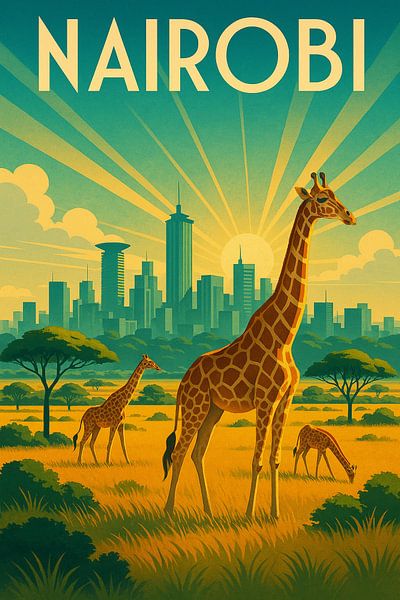 Nairobi Art Deco Poster – Giraffes and Skyline at Sunrise by Travel Shop