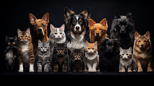Collage-Set aus verschiedenen Katzen und Hunden isoliert auf schwarzem Hintergrund
