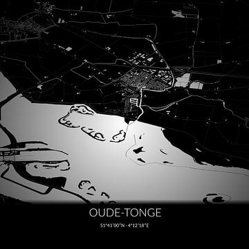 Black-and-white map of Oude-Tonge, South Holland. by Rezona